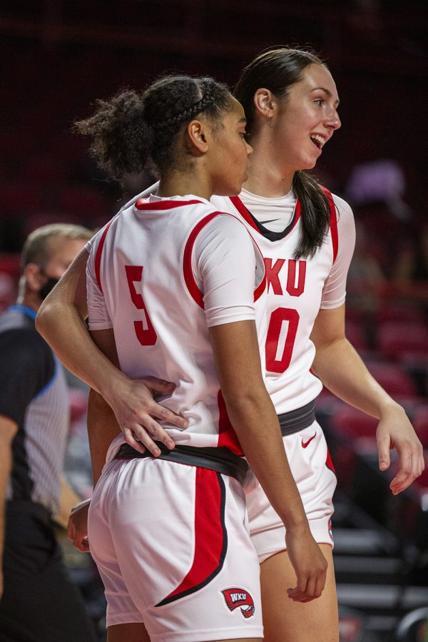 WKU+Lady+Toppers%E2%80%99+sophomore+forward+Selma+Kulo+%2840%29+and+freshman+guard+Mya+Meredith+%285%29+embrace+each+other+after+a+call+during+their+exhibition+game+against+the+West+Virginia+State+University+Yellow+Jackets.