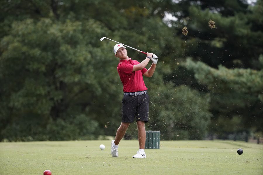 Freshman Riley Grindstaff of the WKU Hilltoppers men’s golf team plays a qualifying round at Bowling Green Country Club on Sept. 17, 2021.