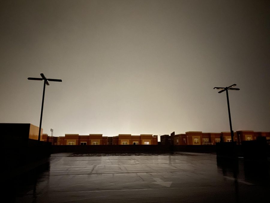 The sky above the Kentucky Street Parking Garage shortly after the tornado made its way through town.