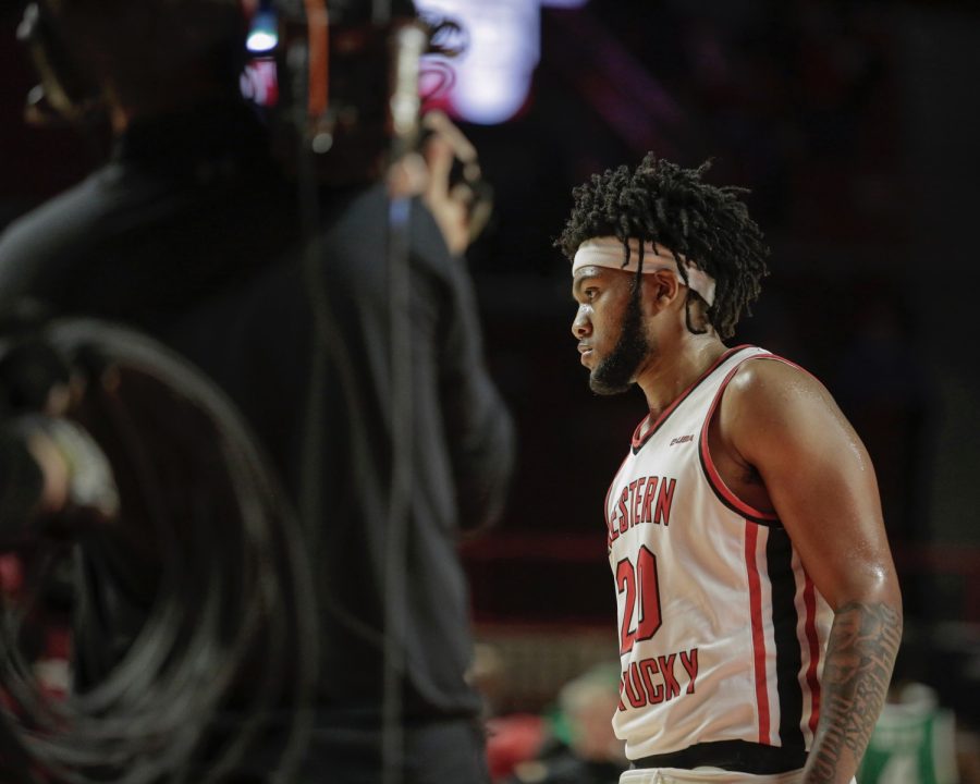 WKU+Hilltoppers%E2%80%99+sophomore+guard+Dayvion+McKnight+%2820%29+stands+on+the+court+after+the+match+against+the+North+Texas+Mean+Green+on+the+afternoon+of+Saturday%2C+Jan.+15+2022%2C+in+Diddle+Arena.+North+Texas+won+the+match+65-60.