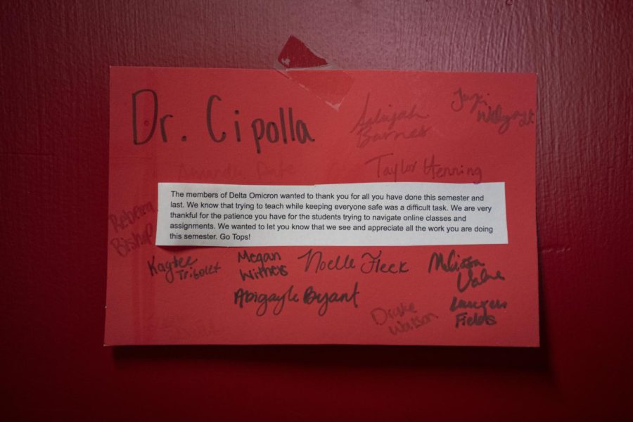 A note on the office-door of Dr. John Cipolla, a professor within WKU’s music department who was confirmed by the Board of Regents as a University Distinguished Professor mid January of 2022.