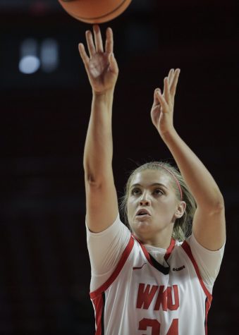 WKU Lady Topper freshman guard Jenna Walker (24)  shoots a free-throw Saturday afternoon, Jan. 22 of 2022 during a match against the FIU Panthers in Diddle Arena. WKU won the match 87-66.