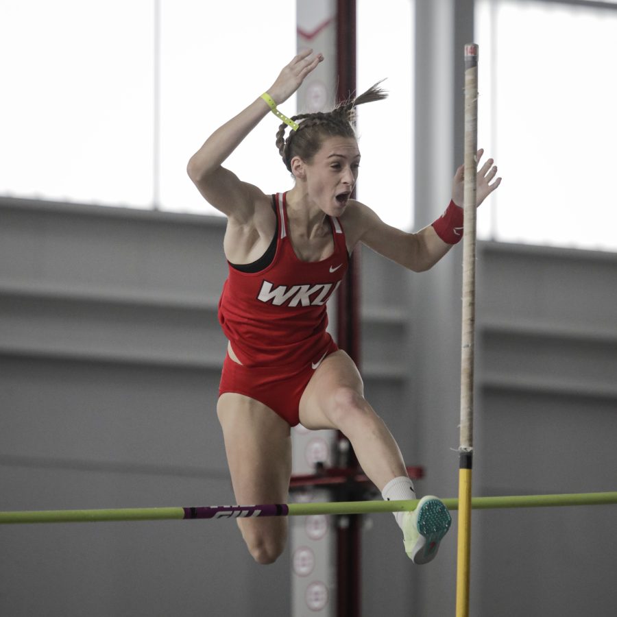 WKU Hilltoppers’ junior Grace Turner fouls on the crossbar during a pole-vault trial in the Lenny Lyles Invitational track and field meet Saturday, Jan. 28 of 2022 at the Norton Healthcare Sports and Learning Center in Louisville, Kentucky.