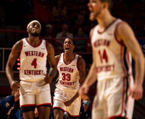 WKU junior center Jamarion Sharp celebrates during the game against the Rice Owls on Jan. 13, 2022.