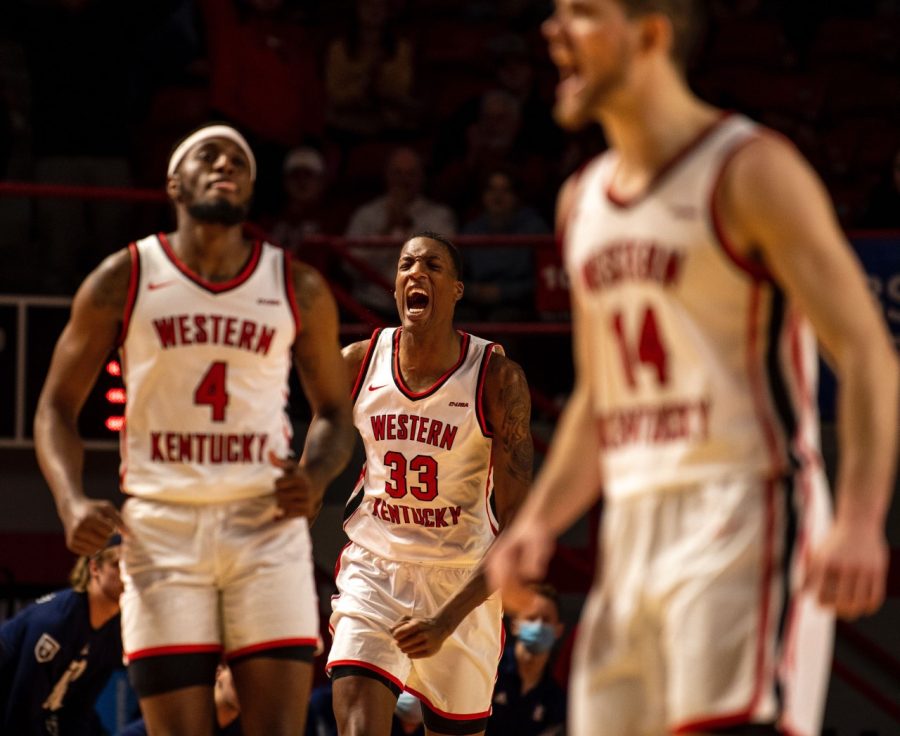 WKU+junior+center+Jamarion+Sharp+celebrates+during+the+game+against+the+Rice+Owls+on+Jan.+13%2C+2022.