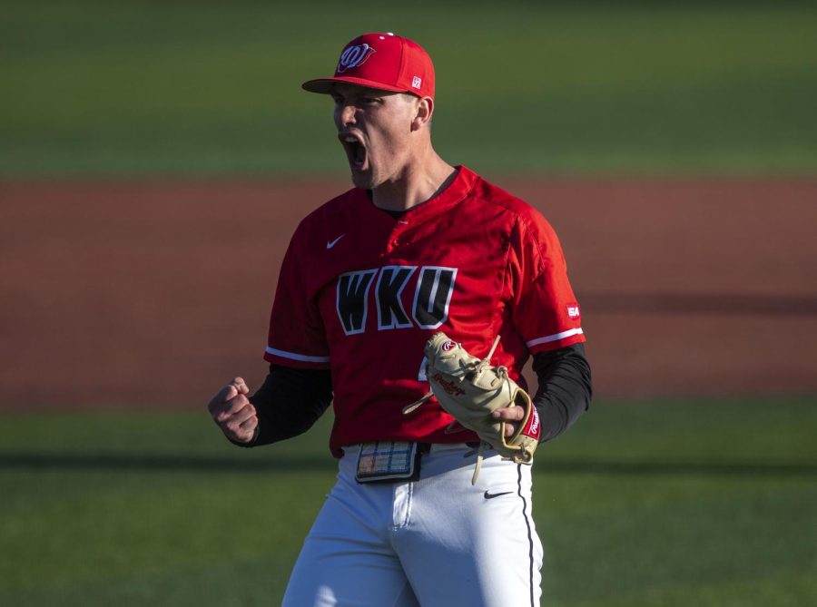 WKU+junior+pitcher+Mason+Vinyard+celebrates+after+striking+out+the+final+batter+during+the+game+against+Western+Illinois+University+at+Nick+Denes+field+on+Feb.+20%2C+2022%2C+making+the+Hilltoppers+win+9-6.