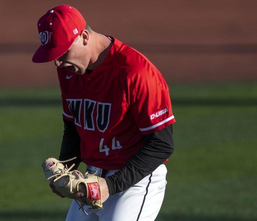 WKU junior pitcher Mason Vinyard celebrates after striking out the final batter during the game against Western Illinois University at Nick Denes field on Feb. 20, 2022, making the Hilltoppers win 9-6.