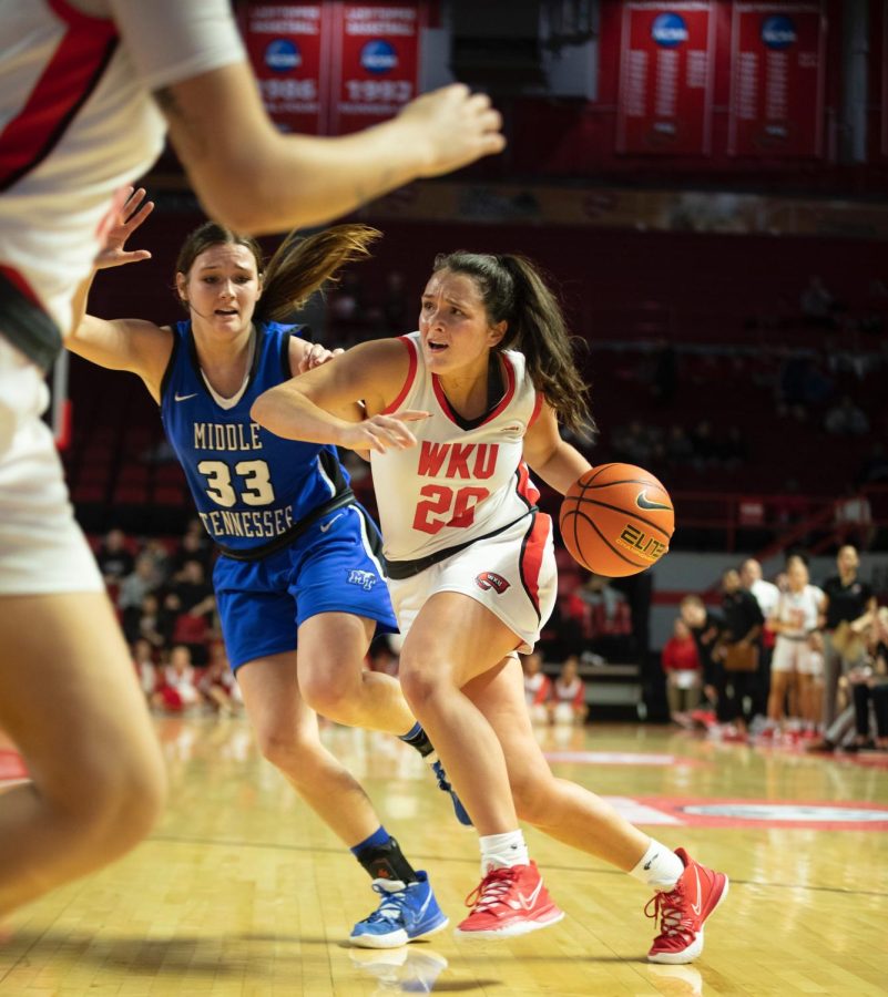 Guard Macey Blevins on a drive against MTSU on Saturday, Feb. 26. WKU won in overtime 93-97.