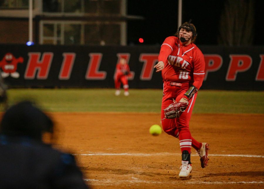 WKU Softballs 5th year pitcher Shelby Nunn (10) makes a pitch to home plate during their matchup with the Bellarmine University Softball team on Feb. 18 at the WKU Softball Complex.
