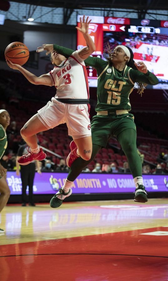 WKU+freshman+guard+Alexis+Mead+goes+up+for+a+layup+and+gets+fouled+in+a+79-74+lost+to+Charlotte+on+Feb.+3+inside+Diddle+Arena.+