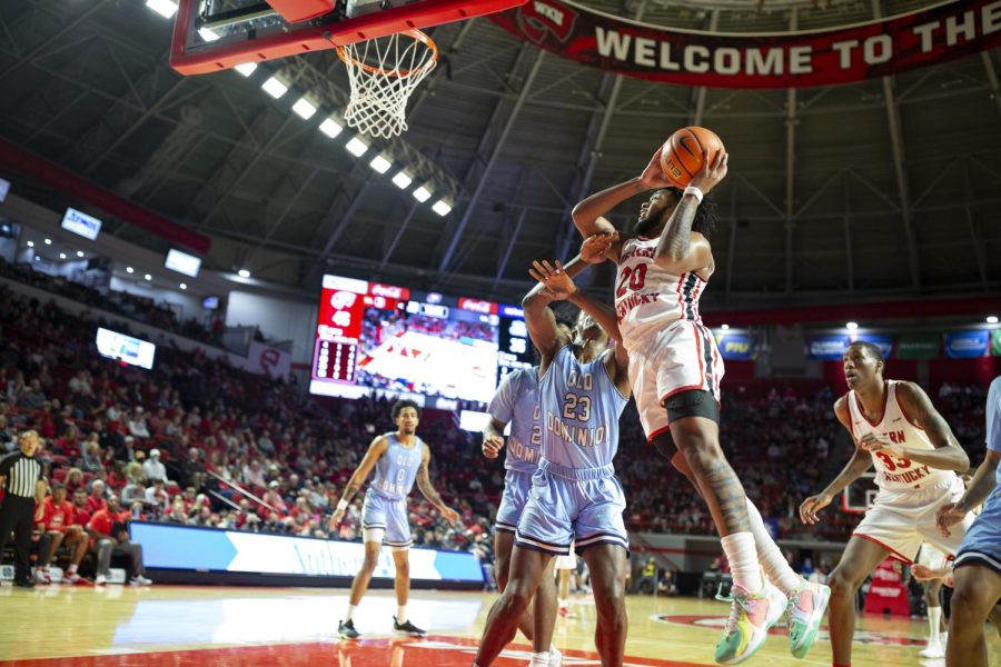 Guard Dayvion McKnight drives in for a two-pointer against Old Dominion on Saturday, Feb. 19. WKU won 73-64.