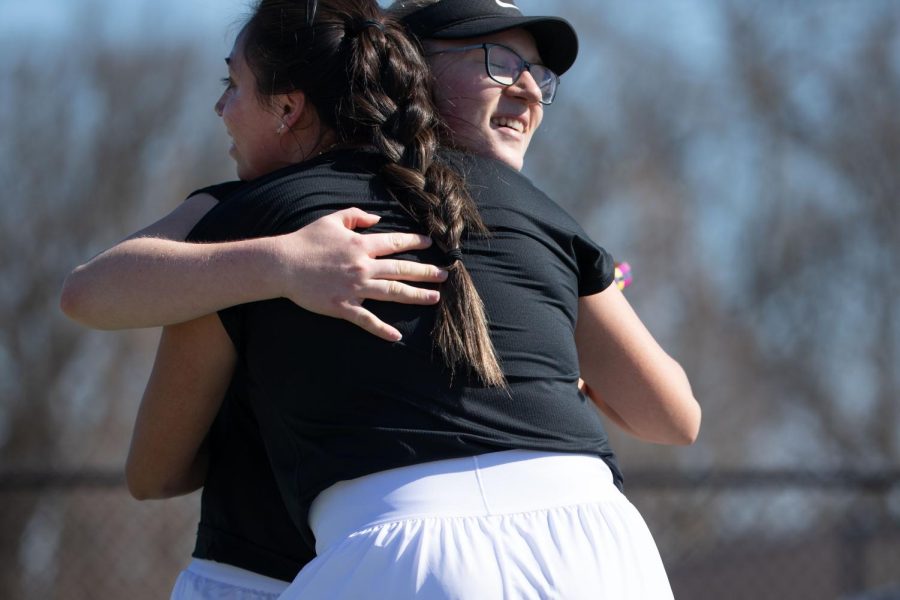 Paola Cortez and Cora-Lynn vonDungern celebrate their doubles match win with the final score being 6-3. WKU Women’s Tennis won their match against UTC overall 4-3 on Sunday, February 27th.