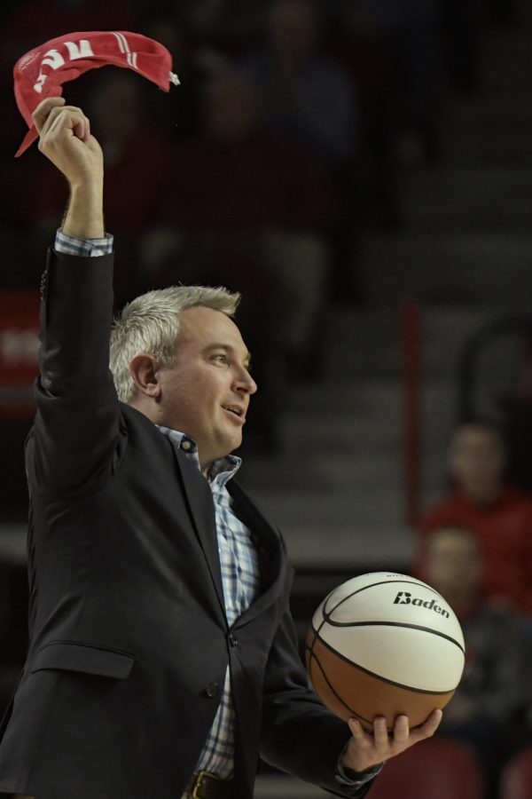 Kentucky Comissioner of Agriculture Ryan Quarles shows his support for the Western Kentucky University Hilltoppers Thursday evening, Feb. 10, 2022, in Diddle Arena, during a match against the against the Florida Atlantic Owls. WKU won the match 76-69.