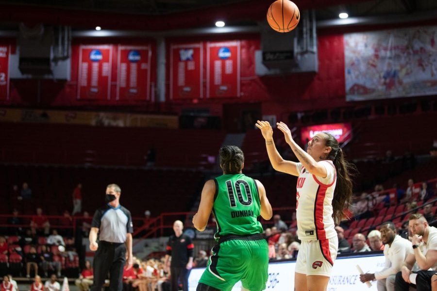 Alexis Mead, freshman guard, catches the pass made to her during the game on Wednesday, March 2nd that WKU lost to Marshall 80-62.