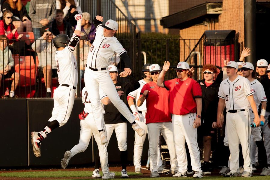 Hilltopper Baseball’s Ty Batusich (9) and Hunter Crosby (39) celebrate after Batusich’s home run hit, during their match up with the University of Louisville Cardinals on March 29th at Nick Denes Field.
