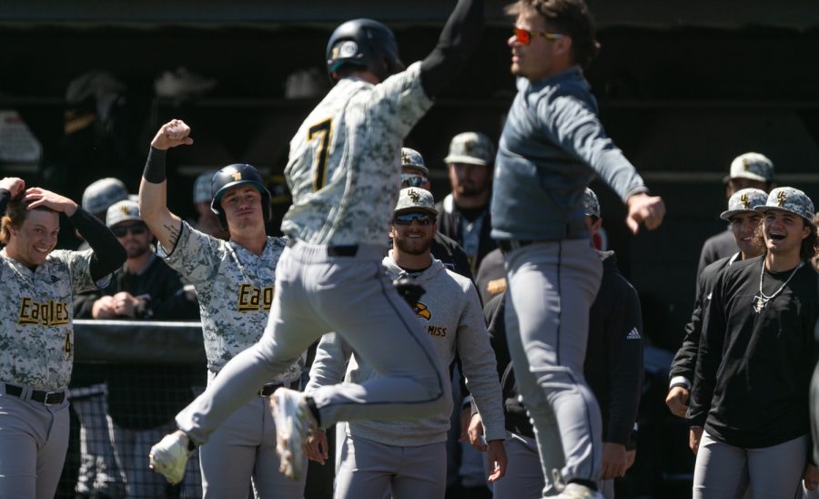 University of Southern Mississippi Golden Eagles sophomore outfielder Slade Wilks (7) celebrates a home run against Western Kentucky University Hilltoppers Saturday afternoon, March 26, 2022. Western lost the match 14-2, their second consecutive defeat against the Golden Eagles in the three-match weekend homestand at Nick Denes field in Bowling Green, Kentucky.