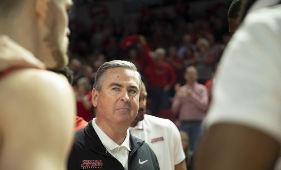 Coach Rick Stansbury in the huddle ahead of the WKU matchup with Marshall on Saturday, March 5. WKU won 69-78.