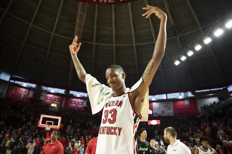 Center+Jamarion+Sharp+celebrates+after+the+Hilltoppers+victory+over+the+Marshall+Herd+on+Saturday%2C+March+5.+WKU+won+69-78.