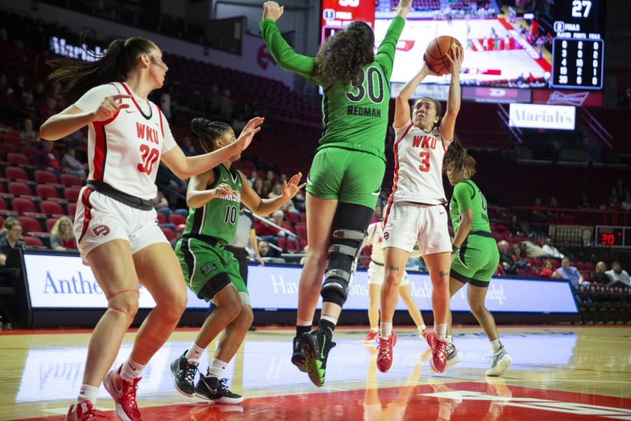 Freshman guard Alexis Mead goes for a two-pointer against Marshall on Wednesday, March 2. WKU lost 80-62.