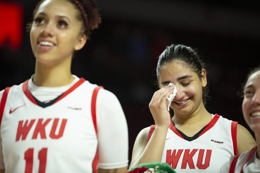 Senior guard Meral Abdelgawad reacting to videos by her teammates and support staff during her senior ceremony after the Marshall matchup and her final home game with Lady Toppers on Wednesday, March 2. WKU lost 80-62.