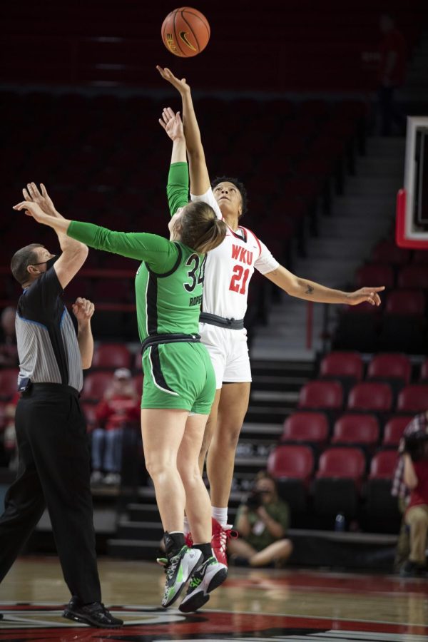 Forward Tori Hunter wins the tip-off for WKU against Marshall on Wednesday, March 2. WKU lost 80-62.