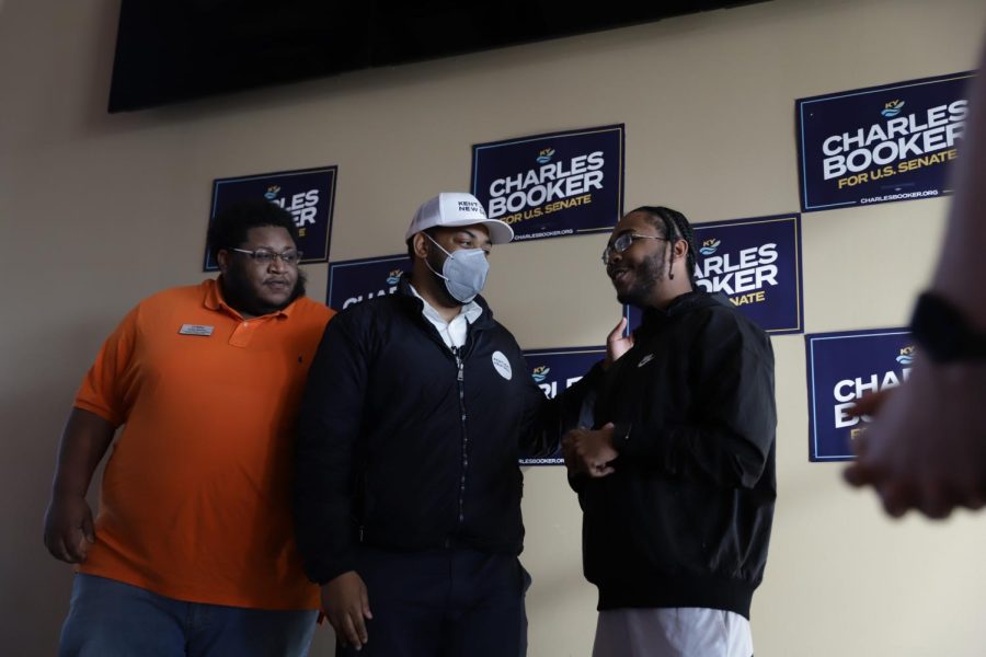 Senate candidate Charles Booker speaks with supporters during a meet-and-greet on Wednesday, March 3 in DSU.