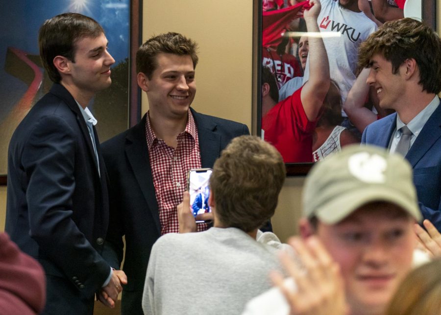 President Cole Bornefeld congratulates Garrison Reed on winning his position for vice president in WKU’s Student Government Association’s chamber just after midnight on April 20, 2022. Reed has been appointed to serve as student representative on Kentuckys Council on Postsecondary Education.