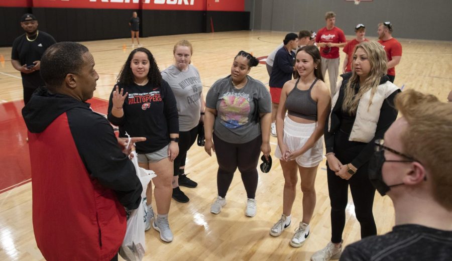 Students in the WKU School of Kinesiology, Recreation and Sport take part in an adaptive athletics showcase in the auxiliary gym in E.A. Diddle Arena on Wednesday, March 30. Here, Dr. Terry Obee asks questions to students about how and what can be done to make certain sports or even make up new sports that are adaptive in nature.