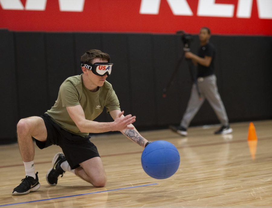 Sophomore Michael Ashley from Owensboro plays goalball during the adaptive athletics showcase on Thursday, March 30.