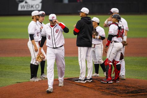 Hilltopper Baseball’s pitcher Aristotle Peter (49) walks off the mound as Aaron Shiflet (12) comes in to relieve him during their game against the Belmont Bruins at Nick Denes Field on April 5th.