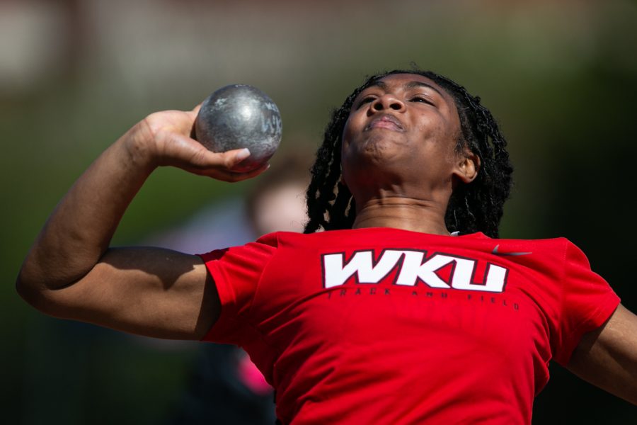 Junior Taylor Thrasher-Walker competes in shot-put during day one of Western Kentucky University’s Hilltopper Relays Friday, April 1, 2022 at the Charles M. Ruter Track and Field Complex in Bowling Green, Kentucky.
