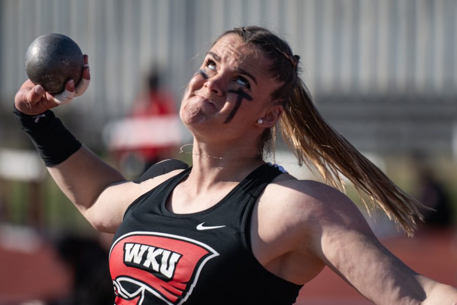 Freshman Ines Lopez Arias competes in shot put during day one of the Western Kentucky University Hilltopper Relays Friday, April 1, 2022 at the Charles M. Ruter Track and Field Complex in Bowling Green, Kentucky.