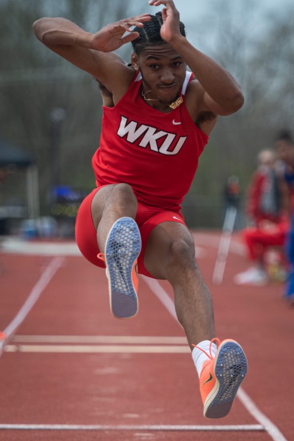 Sophomore Cedric Johnson competes in triple-jump during day two of the Hilltopper Relays Saturday, April 2, 2022 at the Charles M. Ruter Track and Field Complex in Bowling Green, Kentucky on the Western Kentucky University campus.