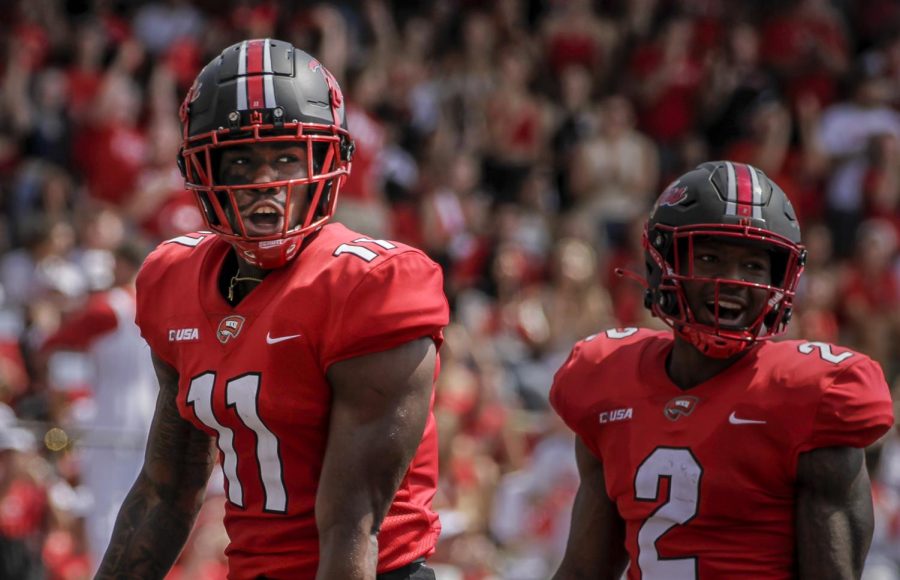 WKU+wide+receiver+Malachi+Corley+celebrates+after+scoring+a+touchdown+in+the+first+quarter+at+Feix+Field+in+Bowling+Green%2C+Ky.+on+Aug.+27%2C+2022.+WKU+won+38-27.