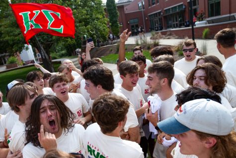 Western Kentucky University’s Kappa Sigma fraternity chapter celebrates a batch of new pledges on Friday, Aug. 26, 2022 during fall Bid Day on WKU campus in Bowling Green, Ky.
