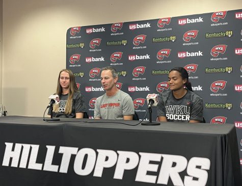 Ambere Barnett, head coach Jason Nediell, and Lyric Schmidt field question  from the media in Diddle Arena on Monday, Aug 15.