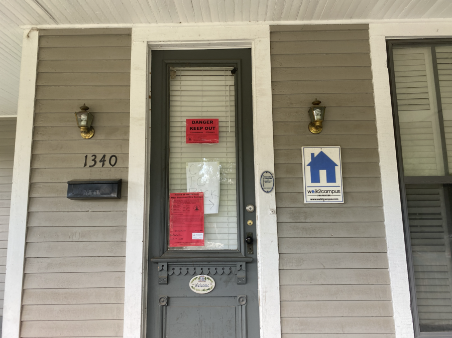 A notice from the city of Bowling Green has been placed on the front door of 1340 State Street, which suffered a floor collapse Aug. 17, 2022.