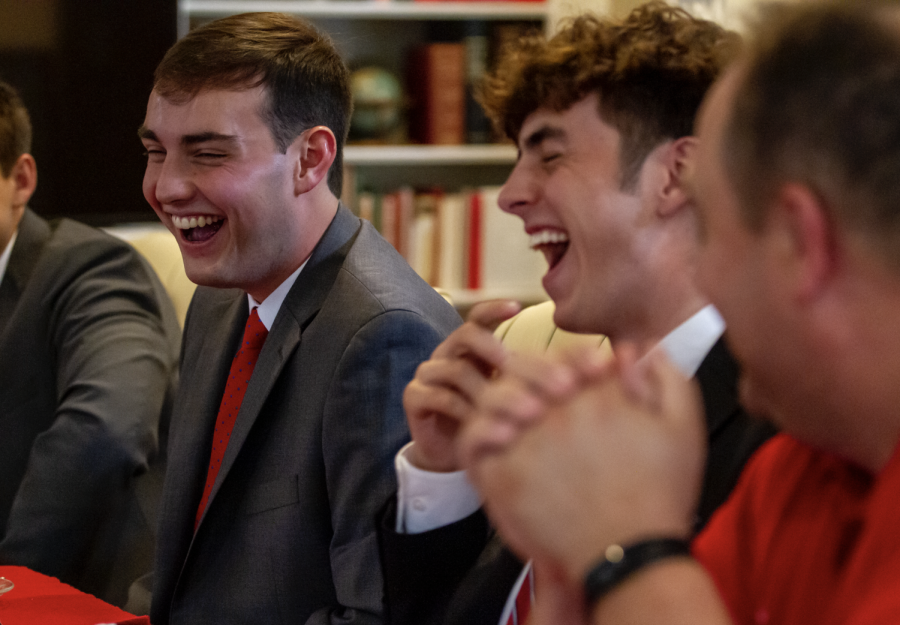 WKU SGA president Cole Bornefeld laughs while talking to SGA advisor Andrew Rash at the SGA retreat at the Cliff Todd Center in Bowling Green, Ky. on Aug. 29, 2022. Allie Schallert / College Heights Herald