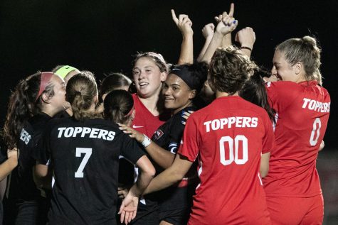Western Kentucky University Hilltoppers women’s soccer team celebrates a 1-0 victory against the University of Kentucky Wildcats Wednesday evening, Sept. 1 at the WKU Soccer Complex in Bowling Green, Ky.