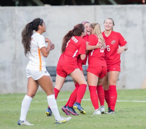 Lily Rummo, a junior from Franklin, TN, celebrates her goal with teammates on Sept. 22, 2022.  Rummo scored the only goal of the game, leading the Hilltoppers to a 1-0 victory over the University of Texas at El Paso Miners. 