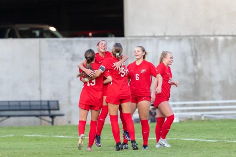 WKU #25 Lily Rummo celebrates with teammates #13 Katie Erwin and #9 Sydney Ernst after scoring the only goal of the night.  The Hilltoppers upset the University of Texas at El Paso 1-0.  