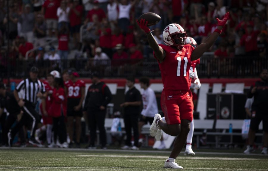 WKU+wide+receiver+Malachi+Corley+runs+the+ball+to+the+end+zone+to+score+a+touchdown+for+the+Hilltoppers+at+Houchens-Stadium+on+Sept.+24%2C+2022+in+Bowling+Green%2C+Ky.