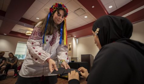 Mariia Novoselia plays a traditional Ukrainian game with other WKU students in the Honors College and International Center on on Thursday, Aug. 25, 2022.