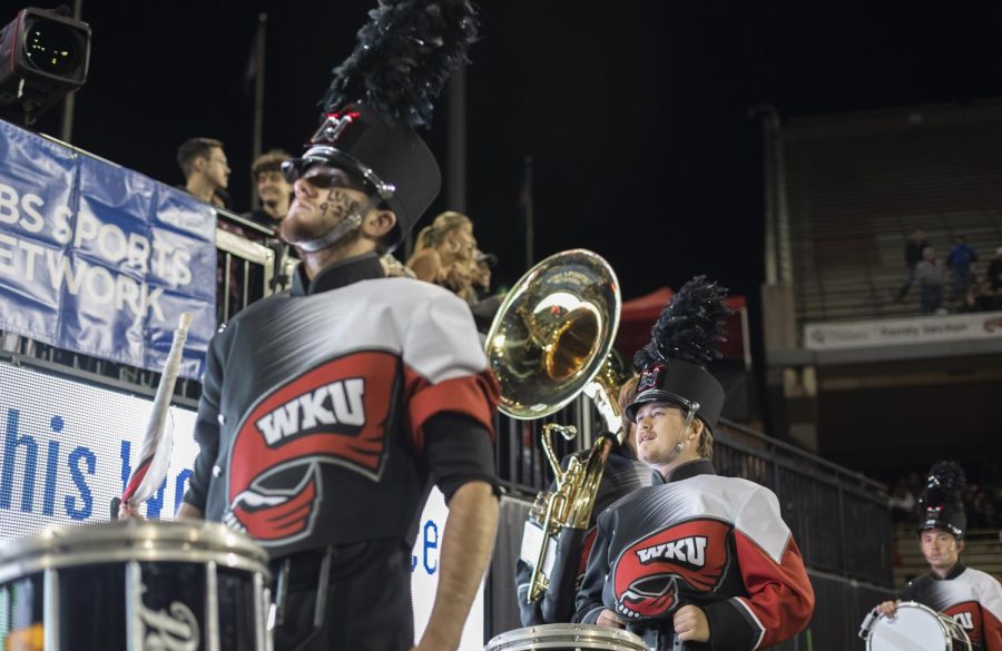 Members+of+the+Big+Red+Marching+Band+moves+onto+Feix+Field+ahead+of+their+halftime+performance+during+the+matchup+with+UAB+on+Friday%2C+Oct.+21%2C+2022.+WKU+won+20-17.