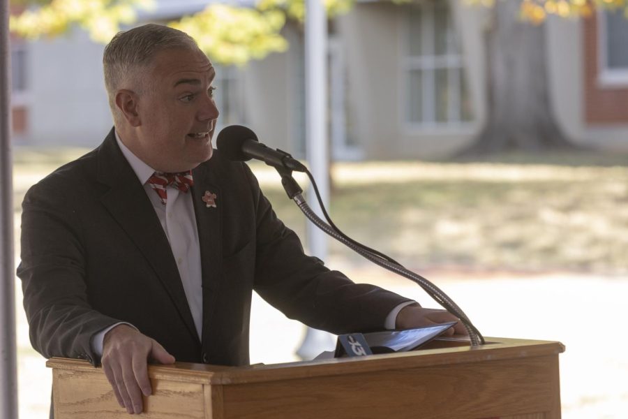WKU President Timothy Caboni gives remarks during the the dedication of Munday Hall on Friday, Oct. 28, 2022 in Bowling Green, Ky. 