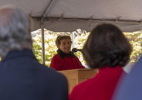 Margaret Munday gives remarks during the dedication of Munday Hall on Friday, Oct. 28, 2022 in Bowling Green, Ky. “I am beyond words,” Munday said. “If I had the voices of a million angels, they would not be able to express my gratitude for all that’s been done today.” 