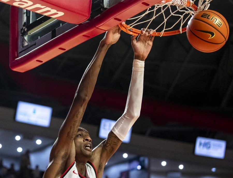 WKU center Jamarion Sharp (33) dunks the ball to score a point during the game against University of Indianapolis at Diddle Arena on Tuesday, Nov. 15, 2022. WKU won 68-50.