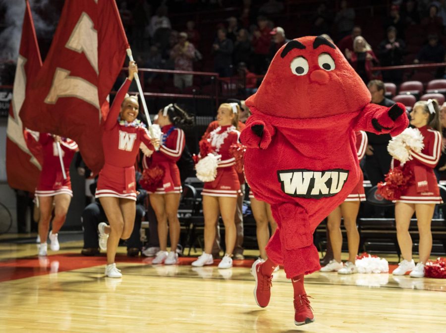 Big Red enters the basketball court ahead of the Hilltoppers before their matchup with the University of Indianapolis in E.A. Diddle Arena on Tuesday, Nov. 15, 2022. WKU won 68-50.