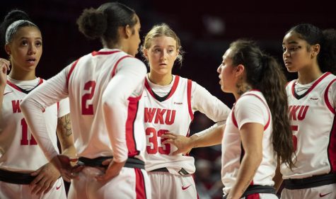 The Lady Toppers have an on court meeting during the matchup with Lipscomb in E.A. Diddle Arena on Tuesday, Nov. 29, 2022. WKU lost 84-66.