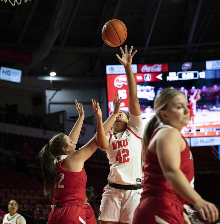 WKU redshirt sophomore forward Gabby McBride puts up a two point shot during the matchup with Miami University in E.A. Diddle Arena on Monday, Nov. 21, 2022. WKU won 91-55.